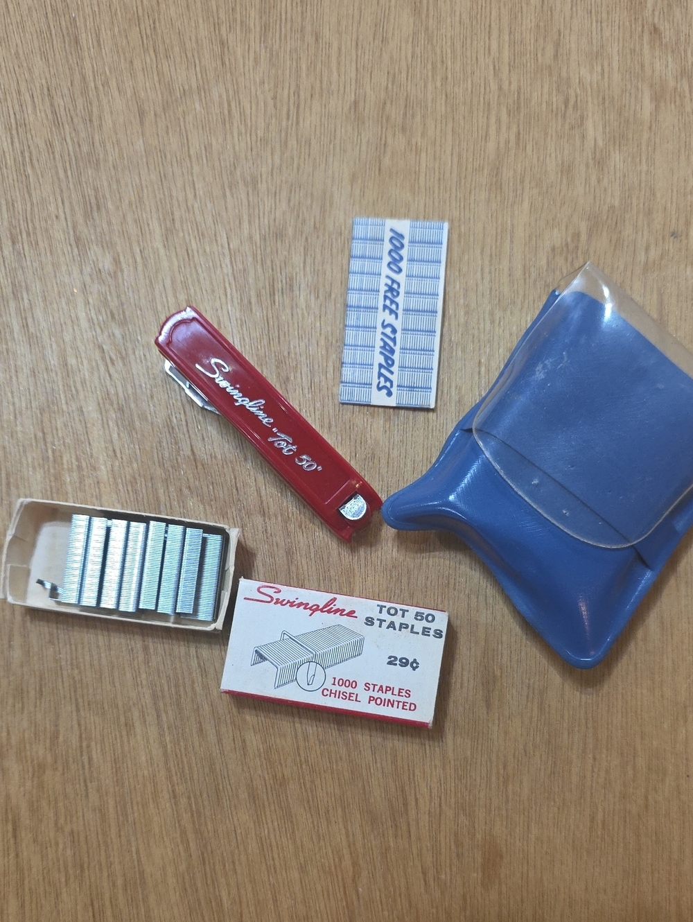 Vintage Swingline Tot 50 Red Mini Stapler with Blue Holder 1956-1963
